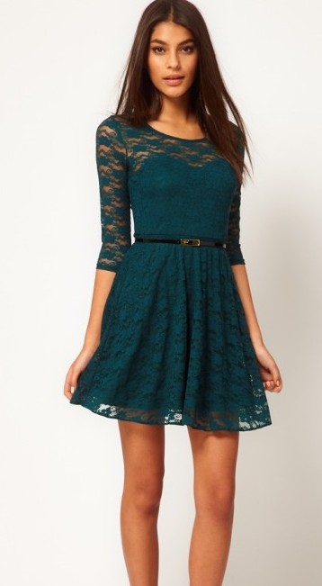 Green Collarless Half Sleeve Lace Dress